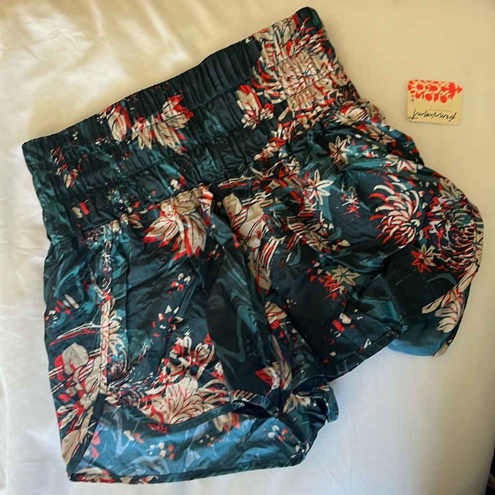 Free People Movement Floral Athletic Shorts - Green and Red